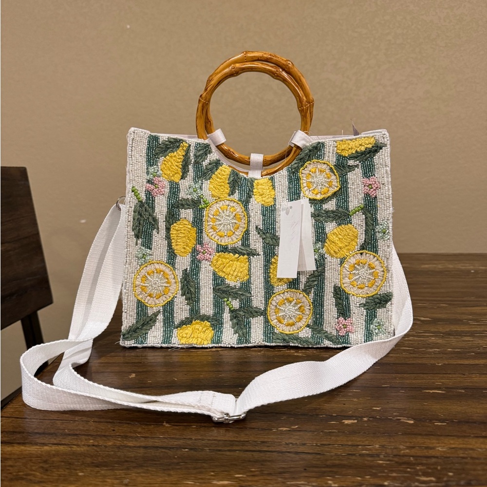 Embroidered Handbag with Bamboo Handle